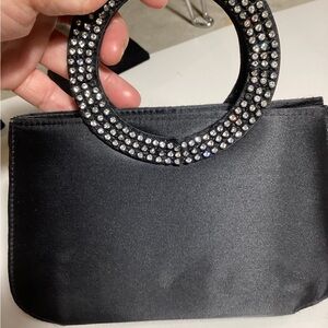 Vintage Elegant Black Satin Clutch with Rhinestone Handle